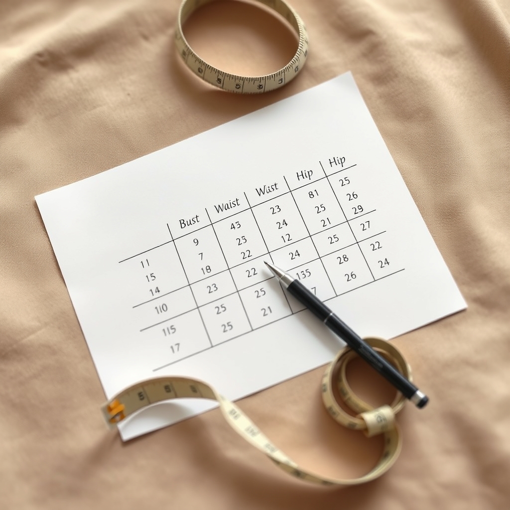 A printed clothing size chart with handwritten body measurements beside a measuring tape on a linen surface.