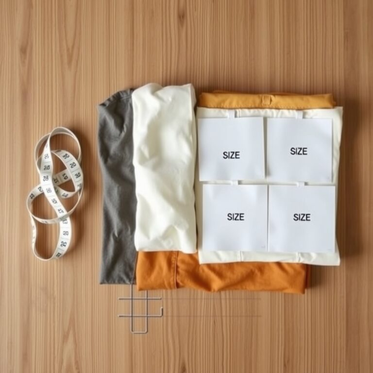 Overhead view of folded clothes, a soft measuring tape, and international size tags arranged on a light wooden desk.