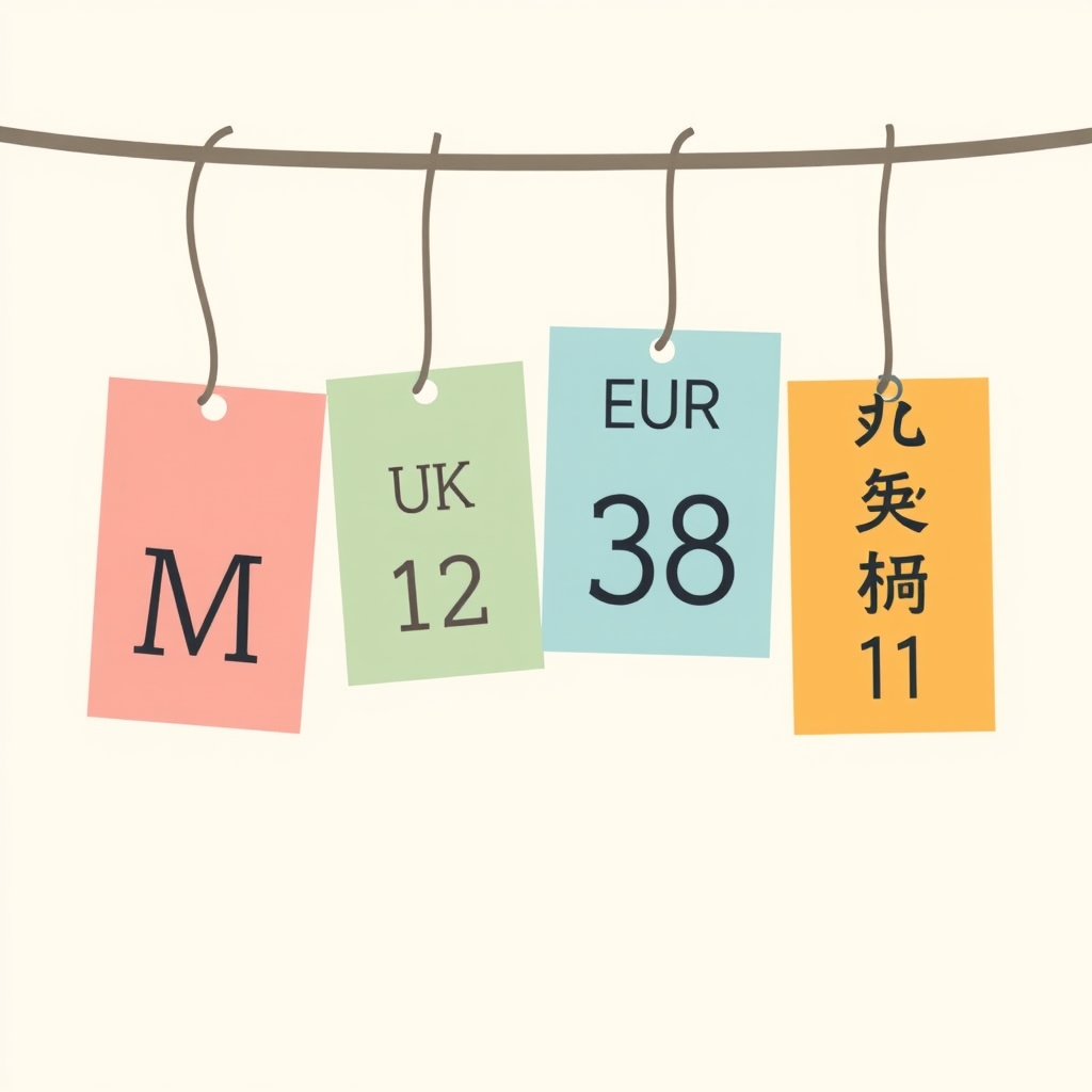 Flat vector illustration of four clothing tags representing US, UK, EU, and Japanese sizing systems side by side.