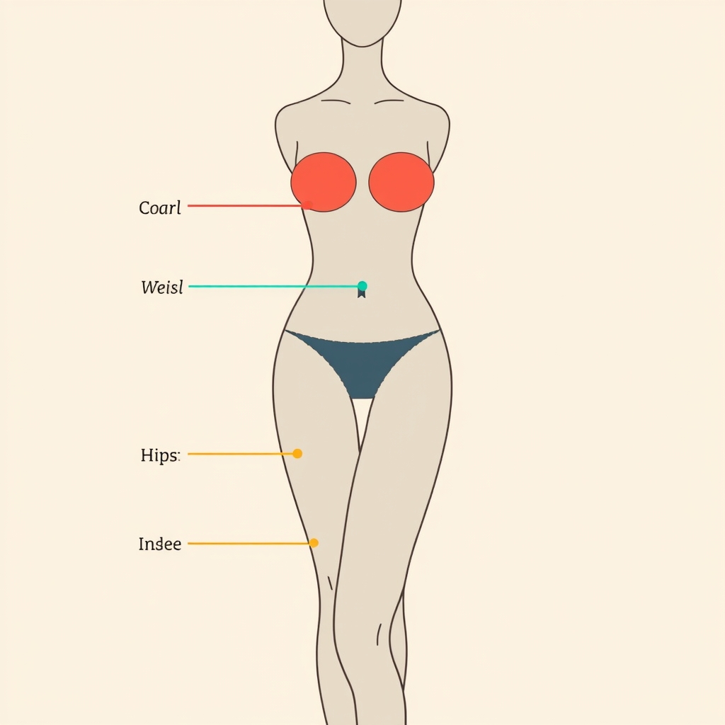 Line-art silhouette diagram showing how to measure chest, waist, hips, and inseam with color-coded measurement lines.