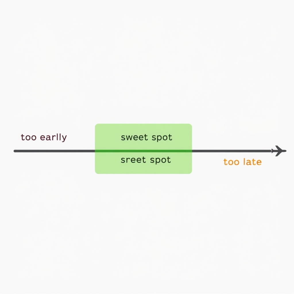 flight booking strategies — Timeline diagram showing flight booking windows: too-early red zone, optimal green sweet spot, and too-late orange zone with a small airplane icon.