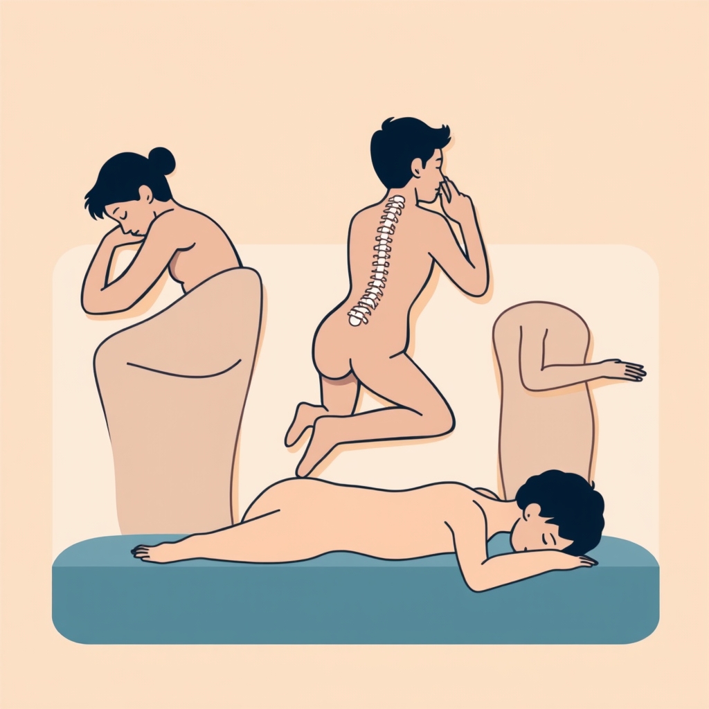 foam vs latex vs hybrid mattress — Editorial illustration of side, back, and stomach sleeper profiles showing spinal alignment on a mattress cross-section
