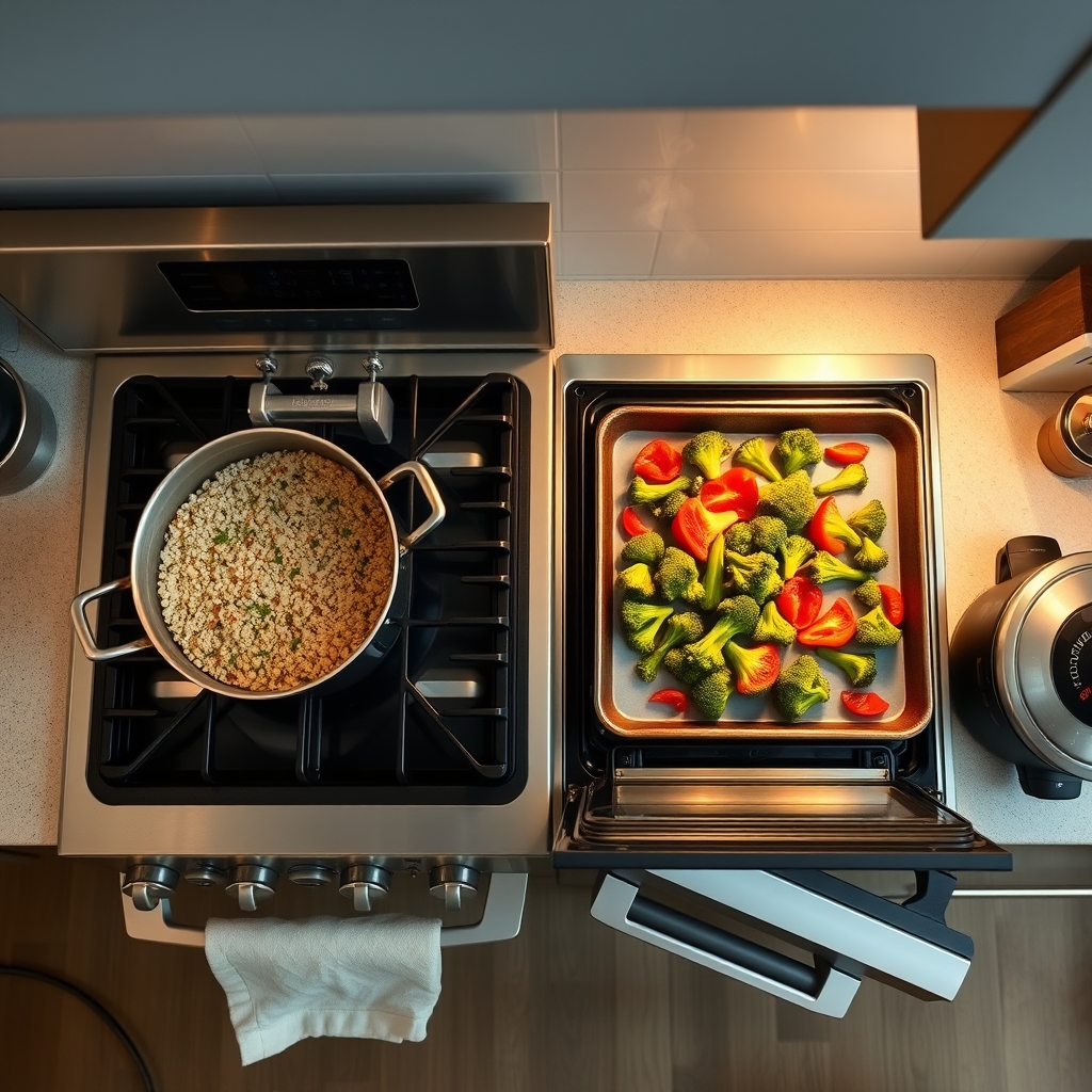 food storage guidelines — Kitchen stovetop with a simmering pot of quinoa alongside an open oven holding a sheet pan of roasting vegetables and a slow cooker.