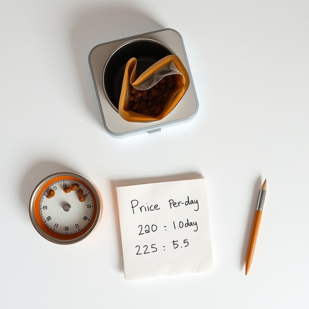 fresh dog food brands compared — Overhead flat-lay of a kitchen scale, open fresh dog food pouch, and a notepad on a white countertop suggesting cost calculation.