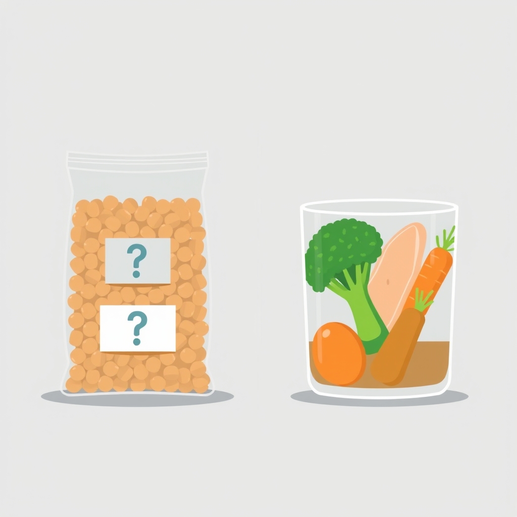 fresh dog food vs kibble — Side-by-side flat illustration comparing a bag of unlabeled kibble on the left with identifiable whole-food ingredients on the right.