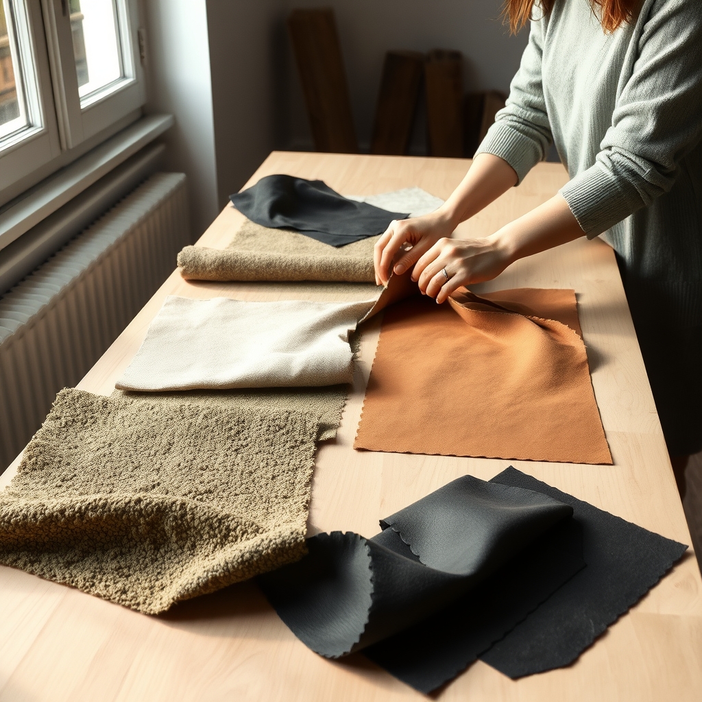 future of sustainable fashion — Designer's hands examining sustainable fabric swatches including mycelium and lab-grown leather on a birchwood studio table