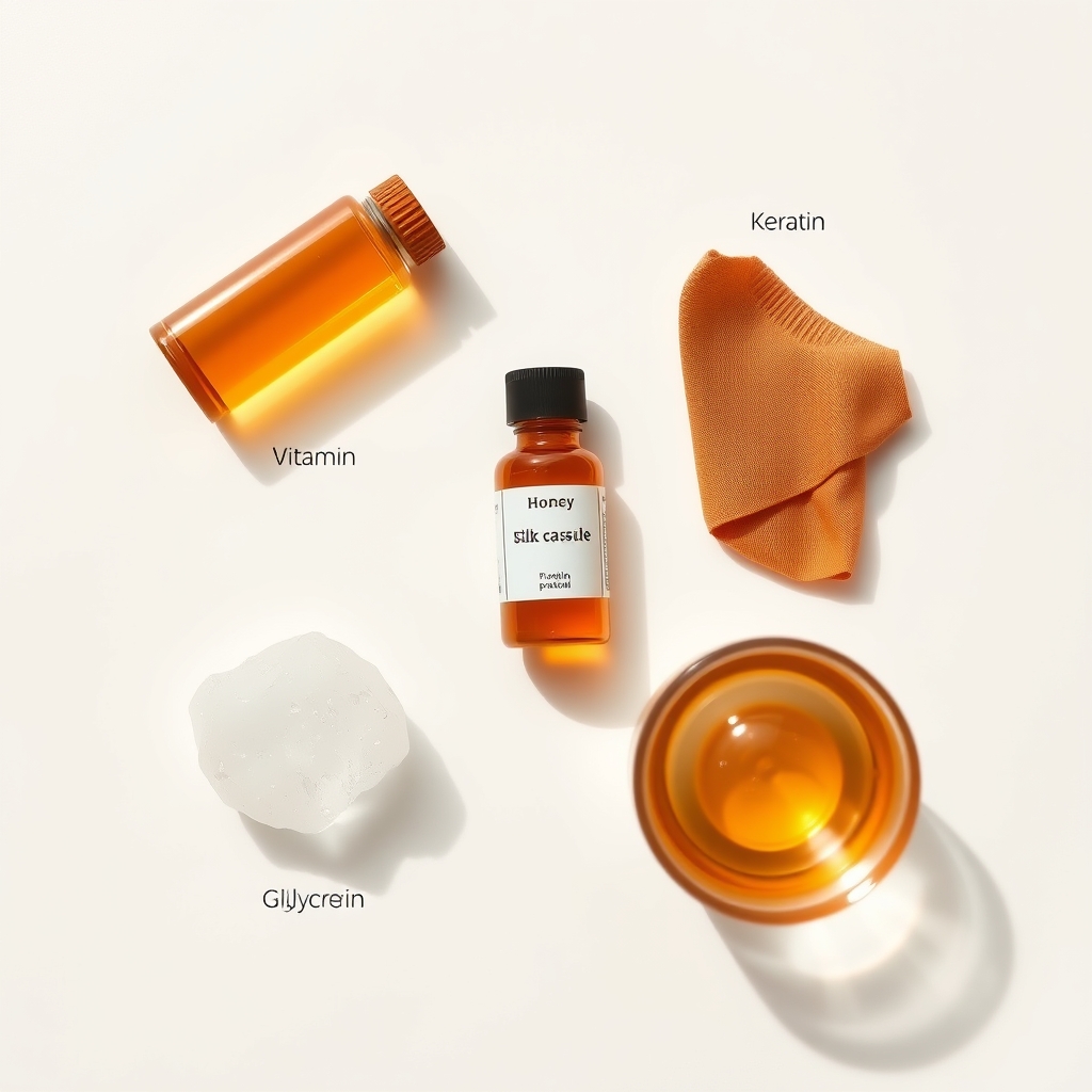 Gisou hair care review — Flat-lay of five hair mask ingredients including honey vial, vitamin capsule, silk swatch, keratin crystal, and glycerin drop