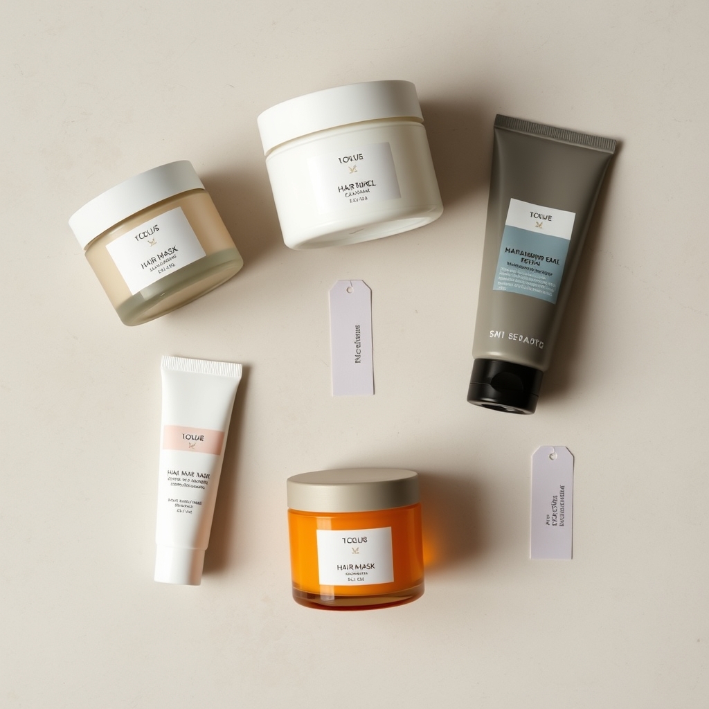 Gisou honey mask worth it — Overhead flat-lay of five hair mask containers in a row on stone surface with small price tags, amber jar as focal point