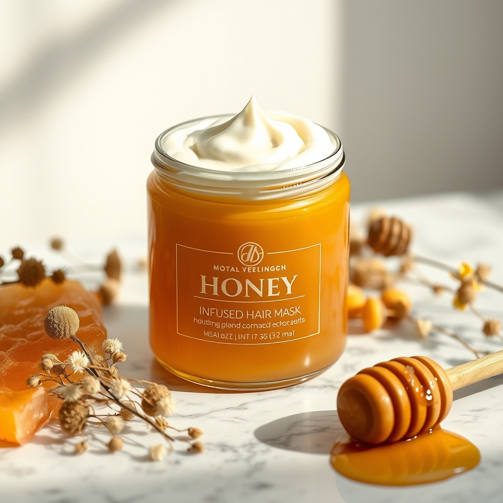 Gisou vs other luxury hair masks — Glass jar of golden honey hair mask on marble with honeycomb, dried flowers, and wooden honey dipper