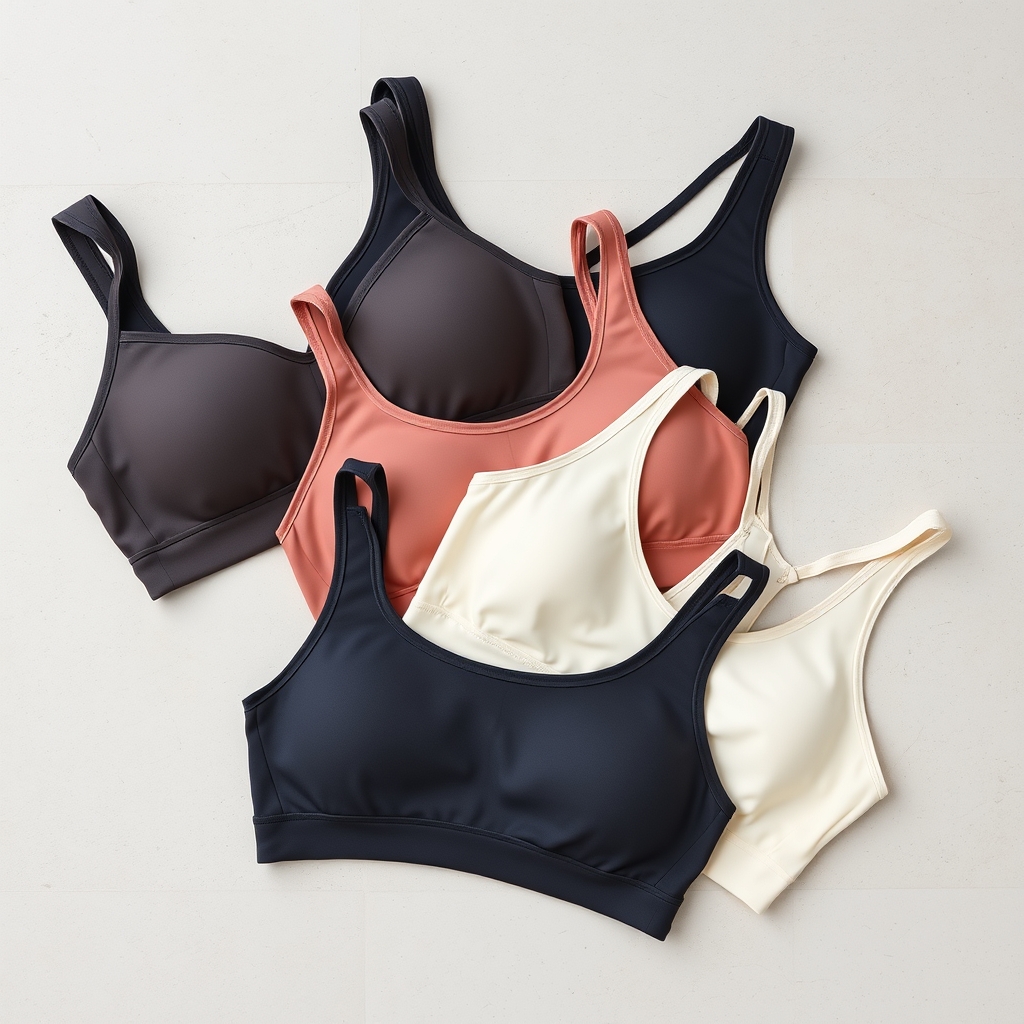 high impact sports bra — Four sports bras arranged in a gradient from structured high-impact underwire style to minimal soft low-impact racerback.