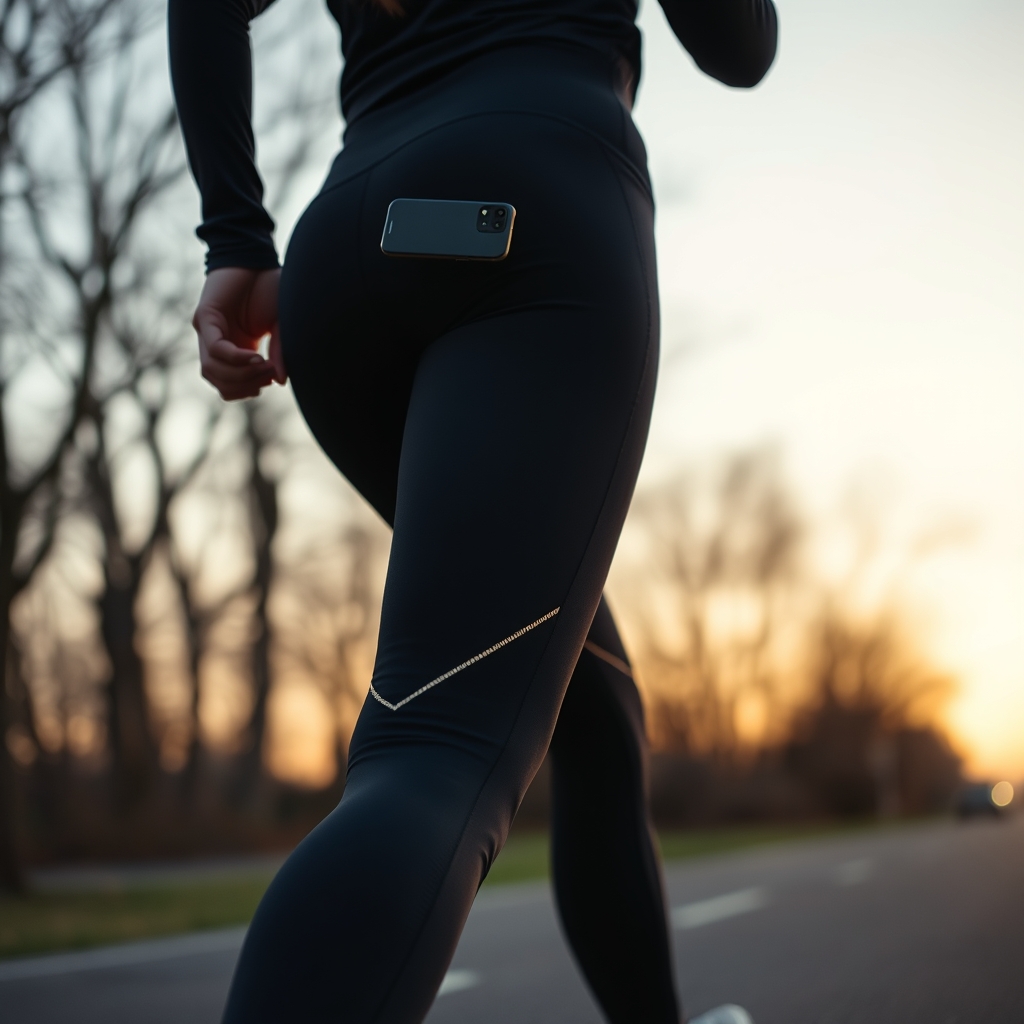 high-waist leggings with pockets — Woman running at dusk in high-rise leggings with reflective calf trim and a smartphone visible in the deep side thigh pocket.