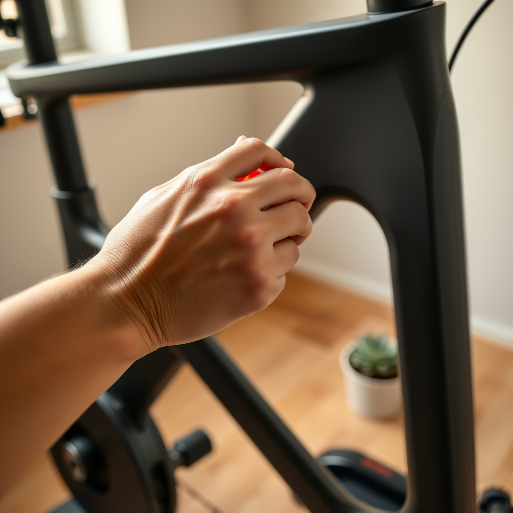 home cardio machines comparison — A person's hands adjusting the resistance dial on a magnetic stationary bike in a compact home office setting.