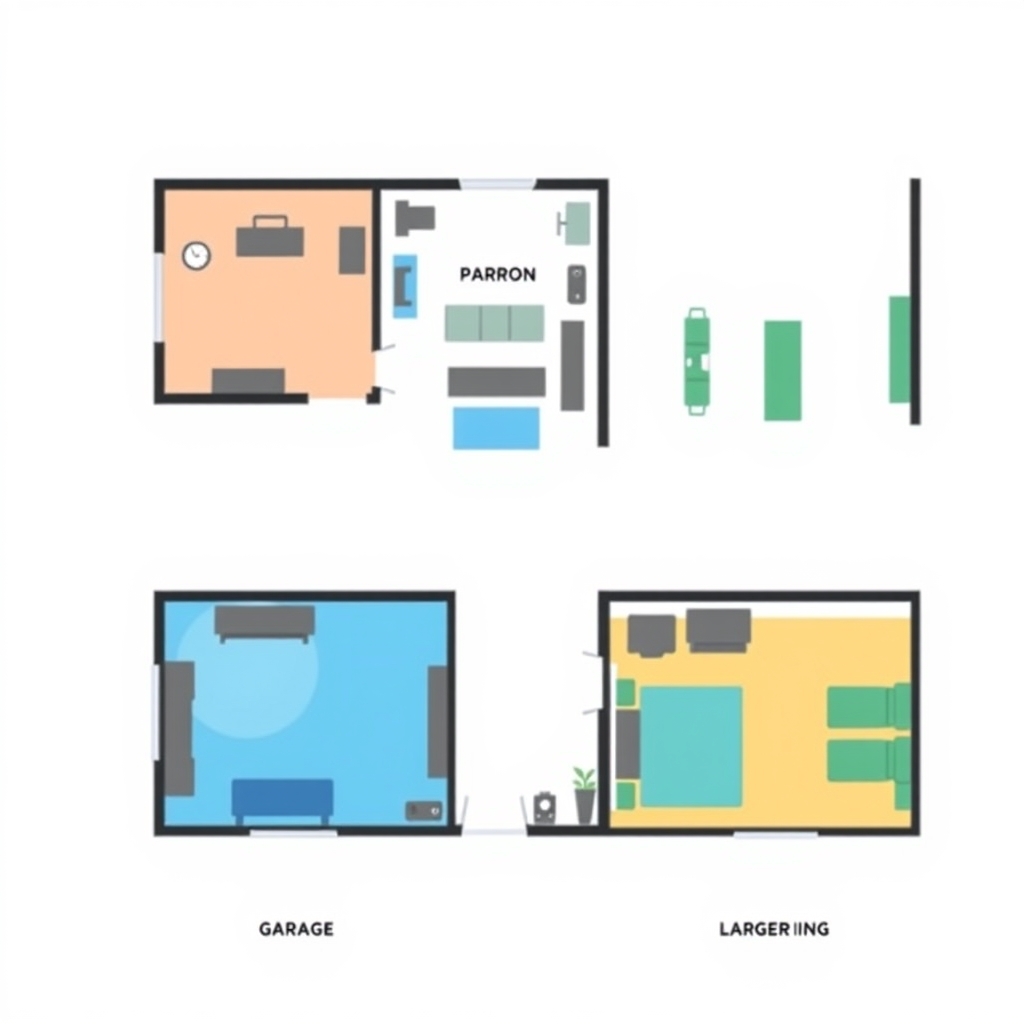 home gym essentials — Top-down floor plan comparing three home gym layouts: corner setup, multipurpose room, and garage, with color-coded activity zones.
