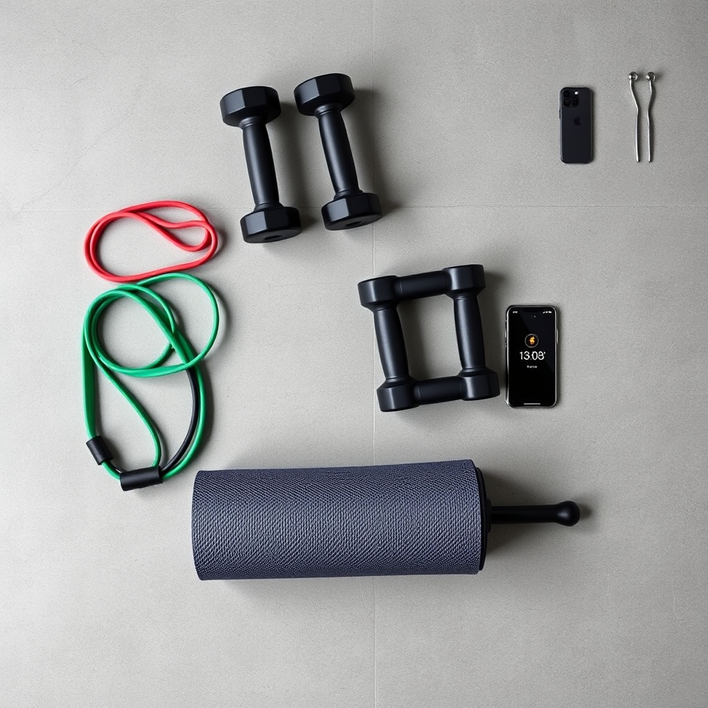 home gym setup budget — Overhead flat-lay of home gym essentials: resistance bands, adjustable dumbbells, yoga mat, pull-up bar, and a timer app on a phone.
