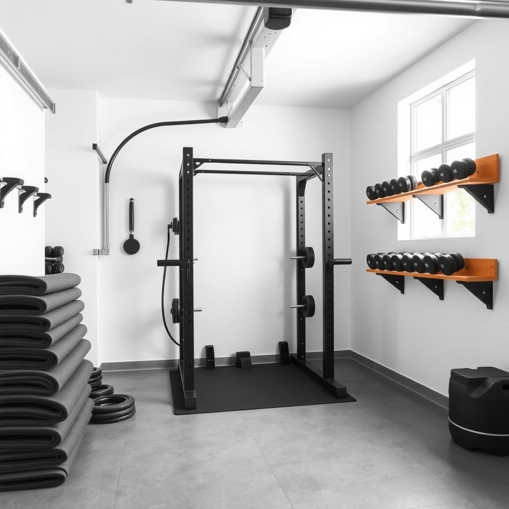 Organized garage home gym with power rack, wall-mounted dumbbell racks, and rubber flooring in natural light.