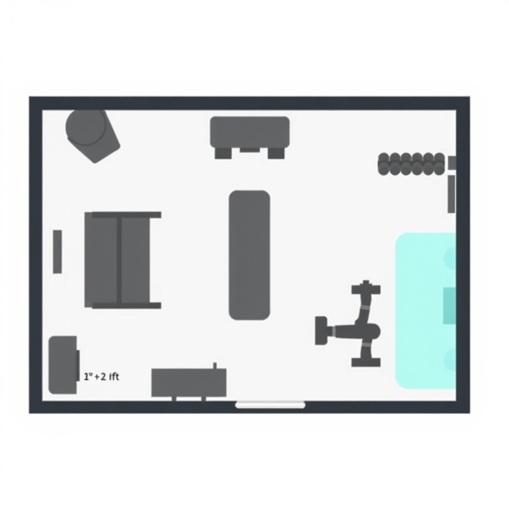 Top-down floor plan diagram of a 120-square-foot home gym showing equipment placement and clearance zones.