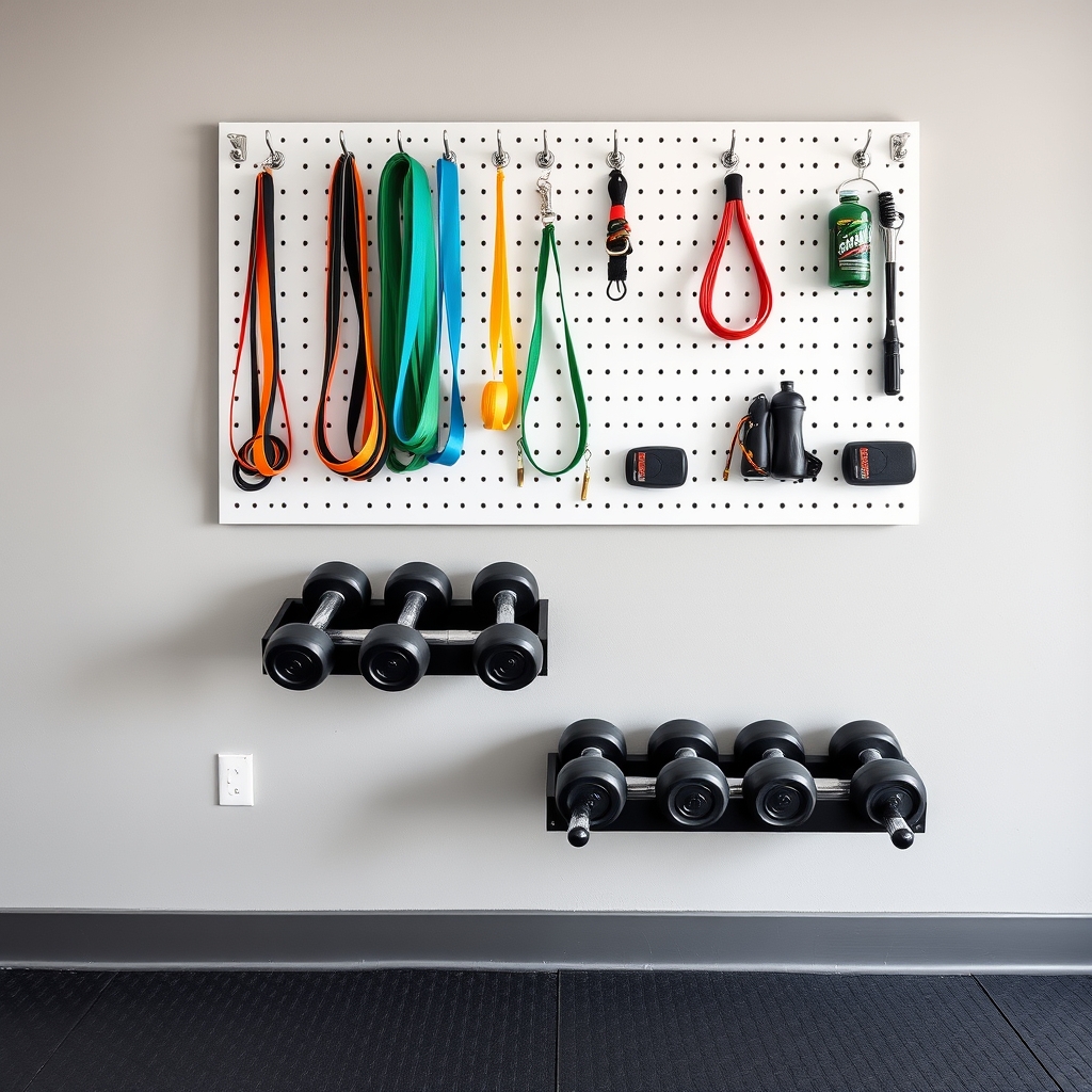 Wall-mounted pegboard with resistance bands and hooks beside a compact dumbbell rack on a grey gym wall.
