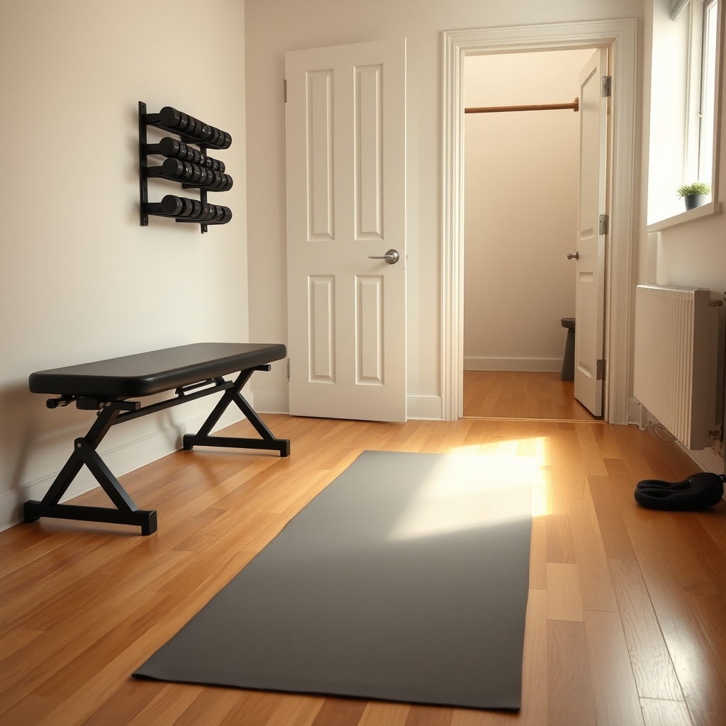 Small apartment gym corner with folding bench, wall-mounted dumbbells, yoga mat, and doorway pull-up bar.