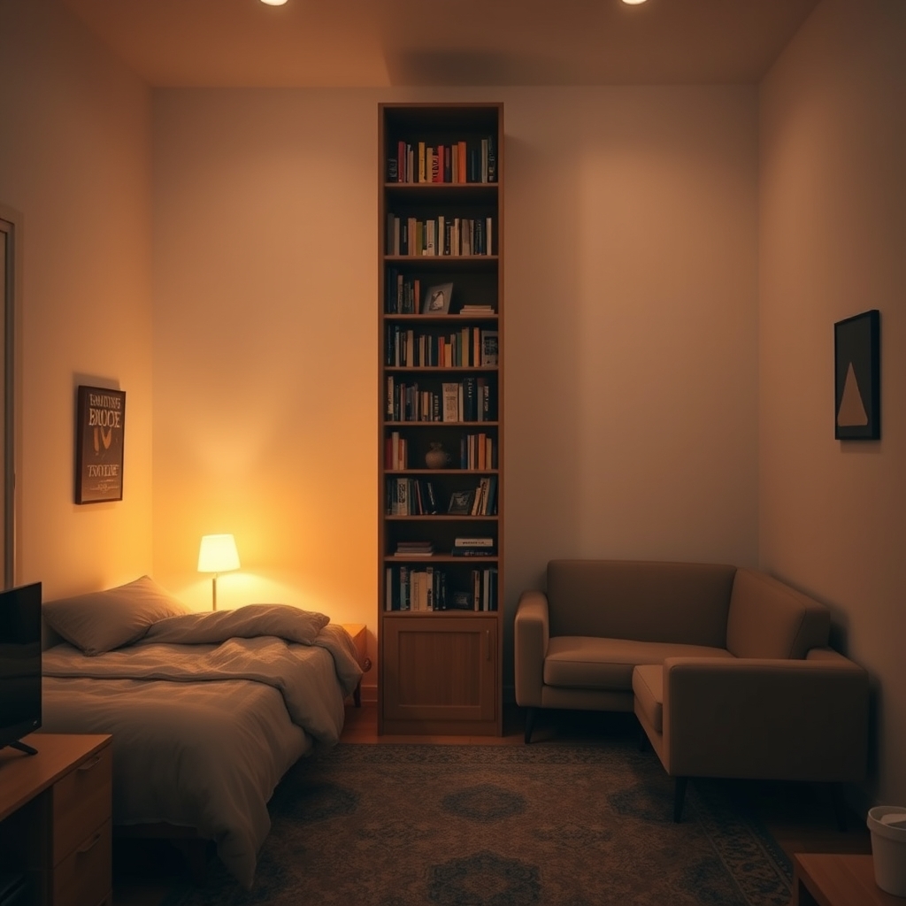 home lighting design — Small studio apartment using a tall bookshelf as a room divider, with distinct warm sleeping zone and brighter sitting zone