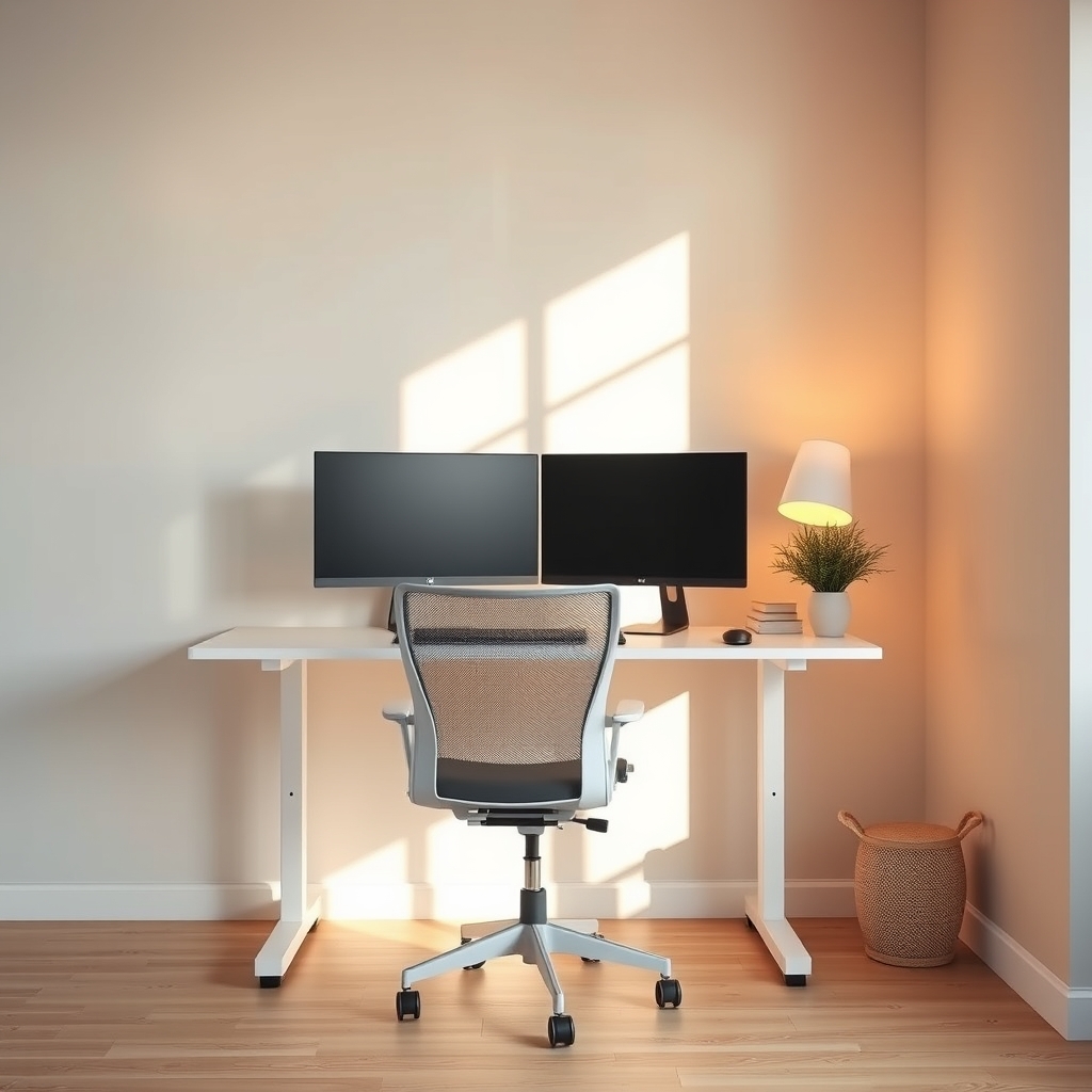 home office furniture under 1000 — Minimal home office with standing desk, ergonomic chair, dual monitors, and warm afternoon sunlight on light grey walls.