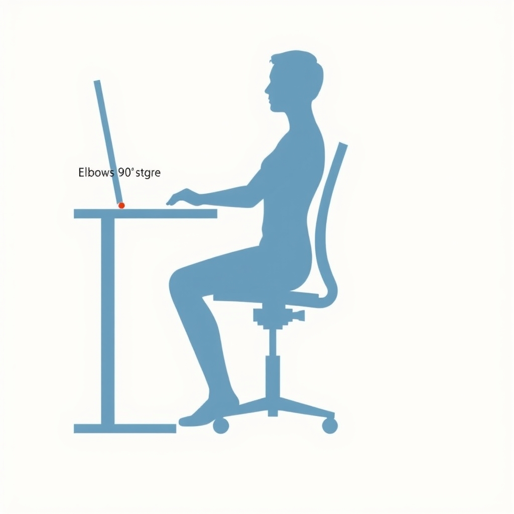 home office furniture — Side-view ergonomic posture diagram showing 90-degree elbow, knee, and hip angles for correct seated desk alignment