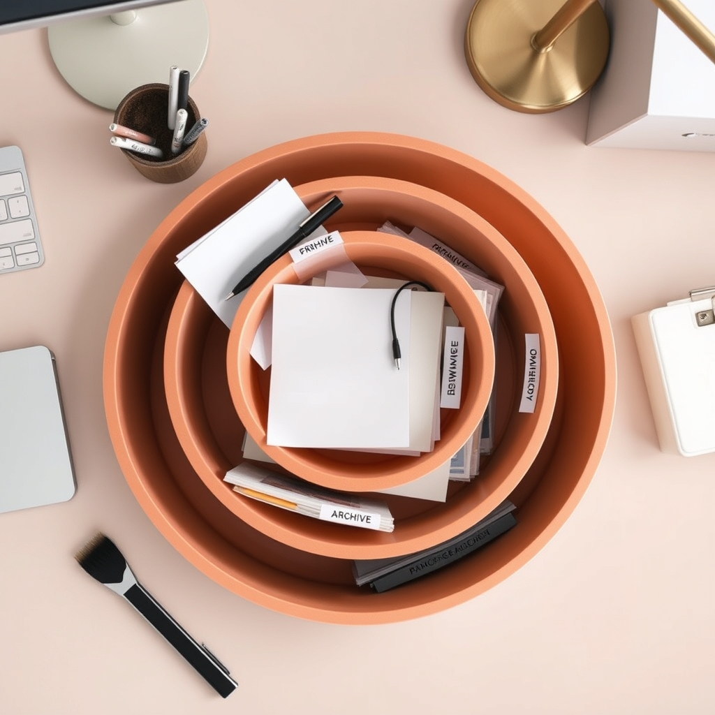 home office layout — Overhead desk view showing daily-use items within arm's reach, weekly supplies in labeled bins nearby, and archive storage at the outer edge.