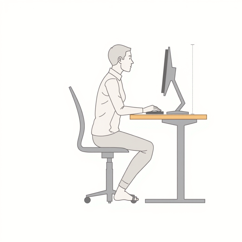 home office organization — Side-view ergonomic posture diagram showing correct monitor height, elbow angle, wrist position, knee angle, and flat foot placement at a desk.