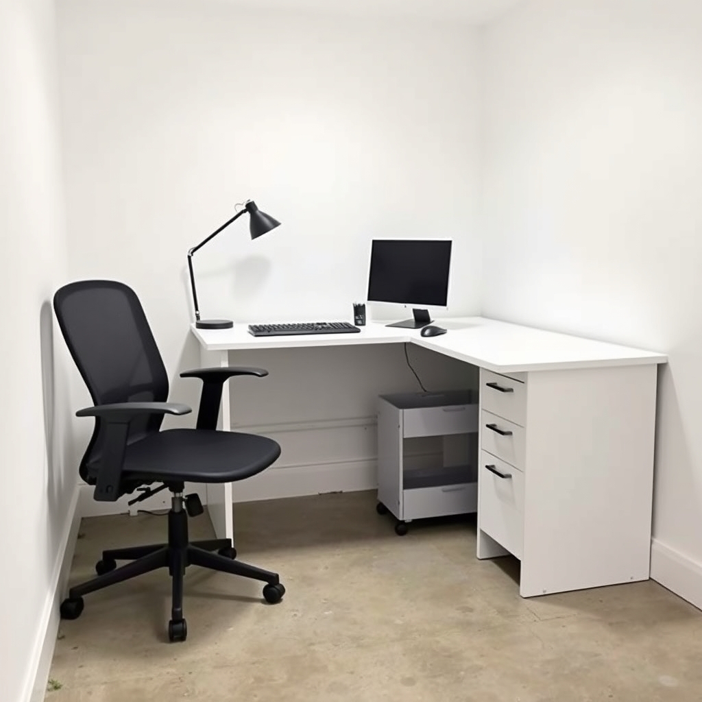 home office setup budget — Budget home office with white laminate desk, black mesh task chair, LED desk lamp, small rolling cart, and wireless keyboard and mouse.