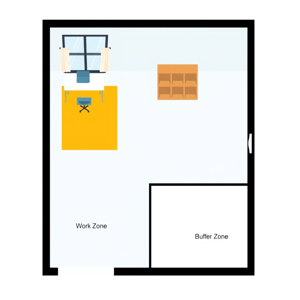 home office setup — Top-down floor plan diagram illustrating three home office zones: Work Zone near a window, Storage Zone along a wall, and open Buffer Zone.