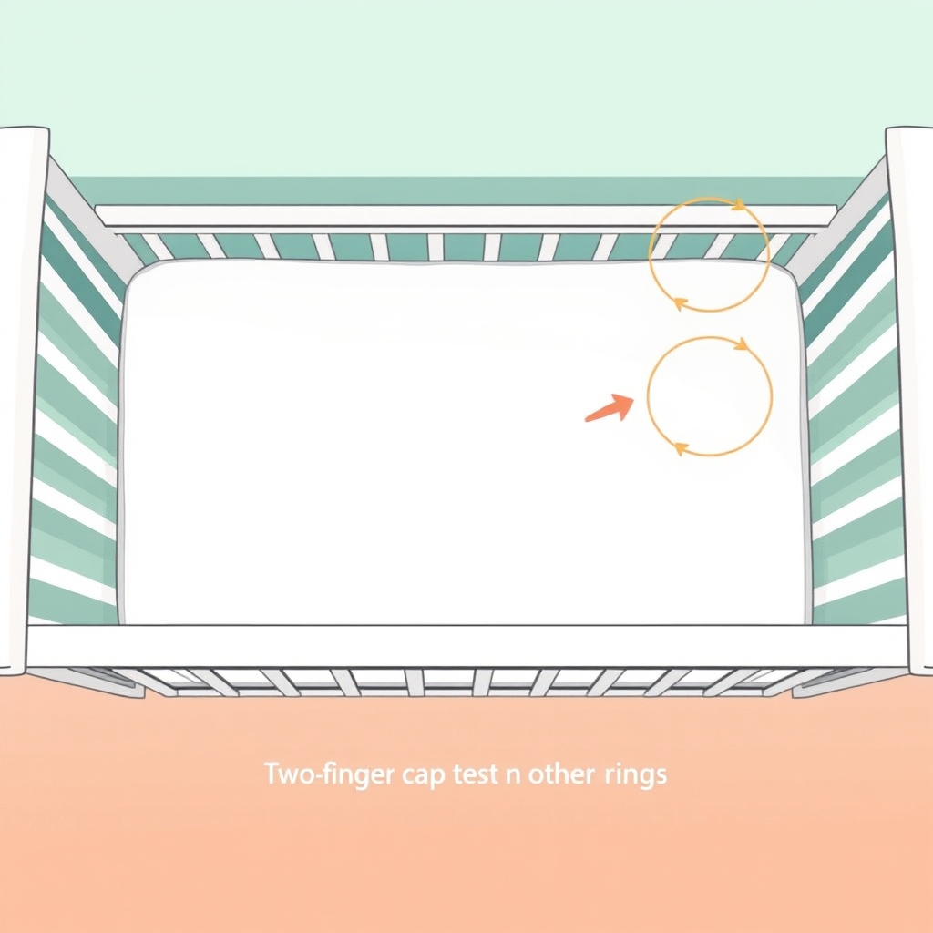 home safety for babies — Top-down illustration of a bare crib mattress with arrows showing the two-finger gap test along the mattress edge.