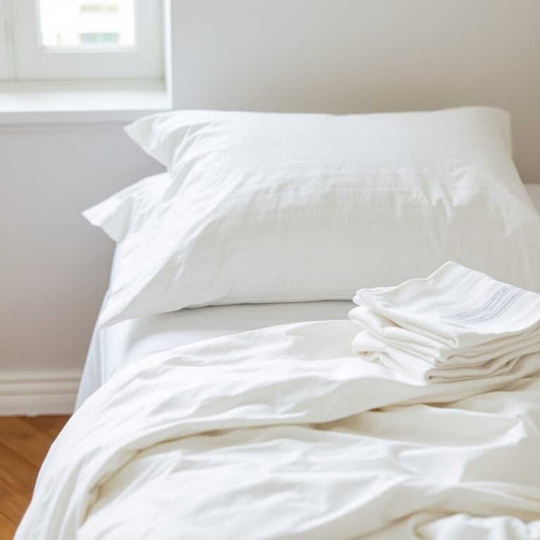 how often to wash sheets — Freshly laundered white and grey sheets neatly arranged on a bed beside a folded stack of clean bedding