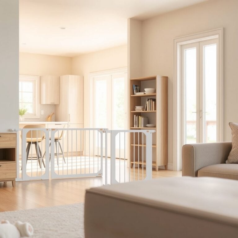 how to babyproof home — Bright home interior with visible baby safety gate at doorway, cabinet locks, and corner guards on furniture edges.