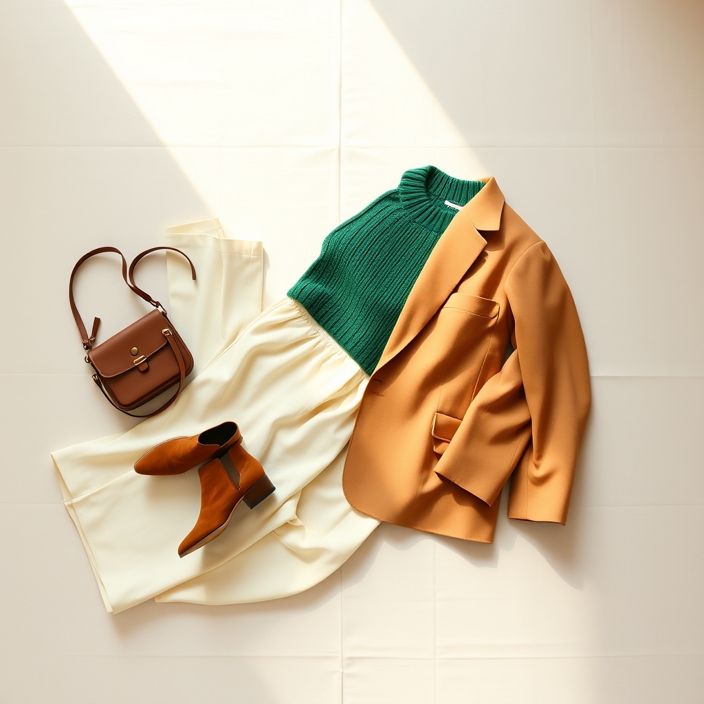 how to build capsule wardrobe — Overhead flat lay of a capsule wardrobe outfit — cream trousers, emerald sweater, camel blazer, ankle boots, and crossbody bag