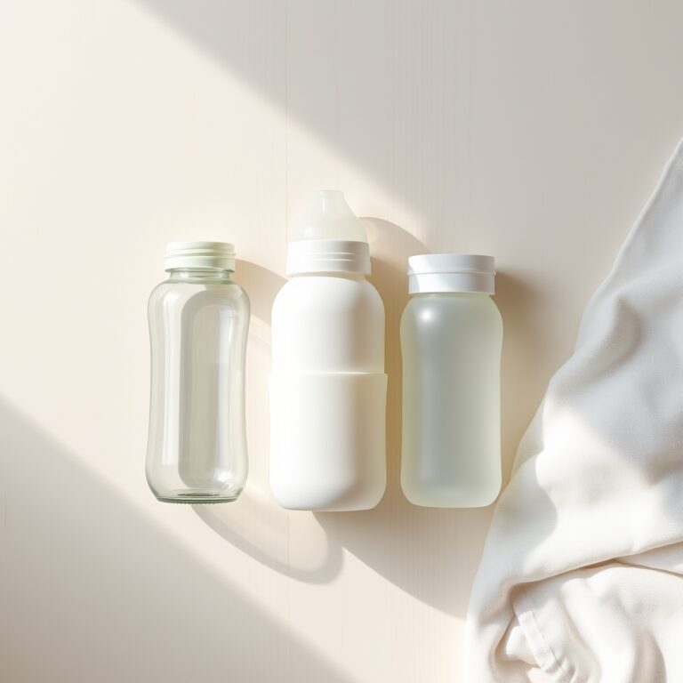 Three baby bottles—glass, plastic, and silicone—arranged side by side on a pale wood surface in soft natural light.