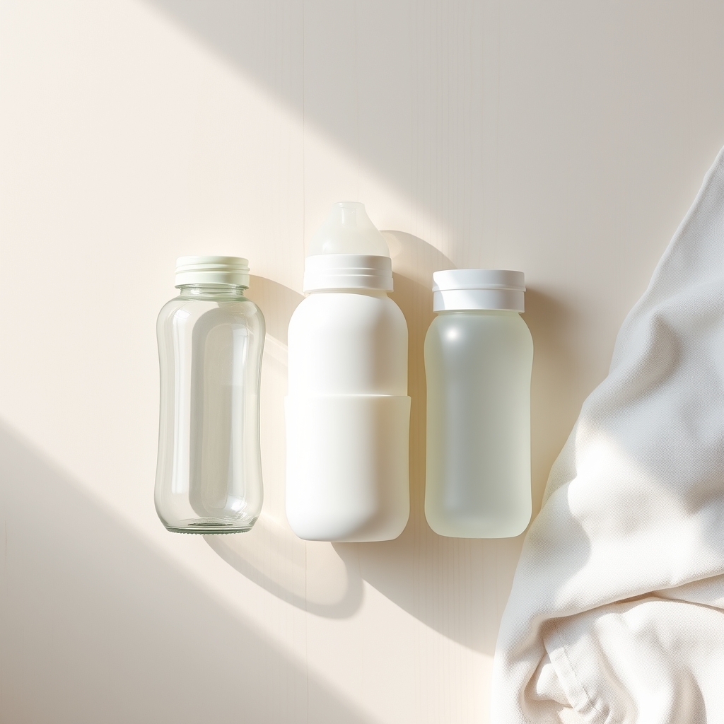 Three baby bottles—glass, plastic, and silicone—arranged side by side on a pale wood surface in soft natural light.
