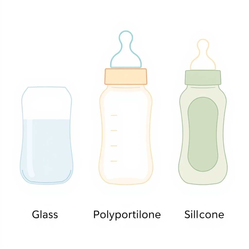Cross-section diagram of three baby bottle materials—glass, polypropylene plastic, and silicone—showing wall and interior differences.