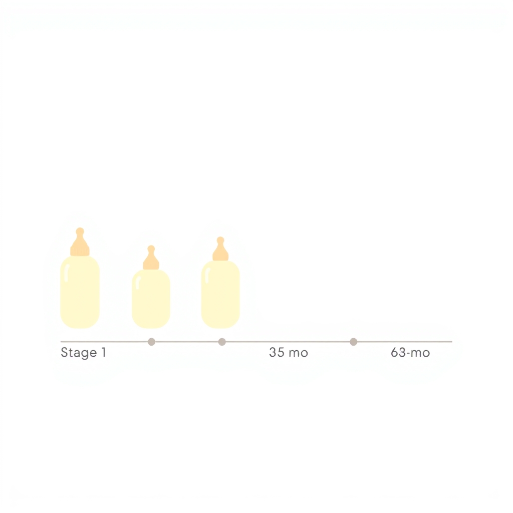 Illustration of four bottle nipple stages arranged left to right with flow-rate droplet icons and age ranges beneath each nipple.