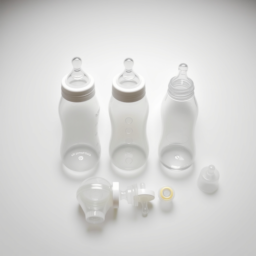Three anti-colic baby bottles disassembled on a white counter, showing simple, vented, and internal-tube designs with all parts separated.