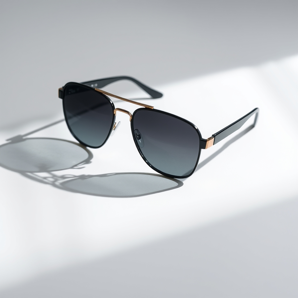 how to choose sunglasses — Close-up overhead view of sunglass frames on a white surface with a faint ruler shadow beneath, highlighting lens width and nose bridge fit.