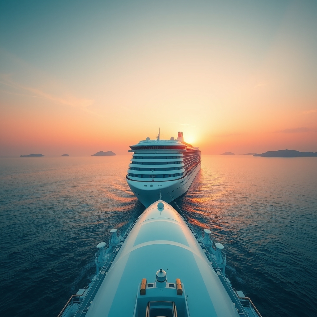 Large white cruise ship sailing through calm turquoise waters at golden hour with tropical islands in the distance.
