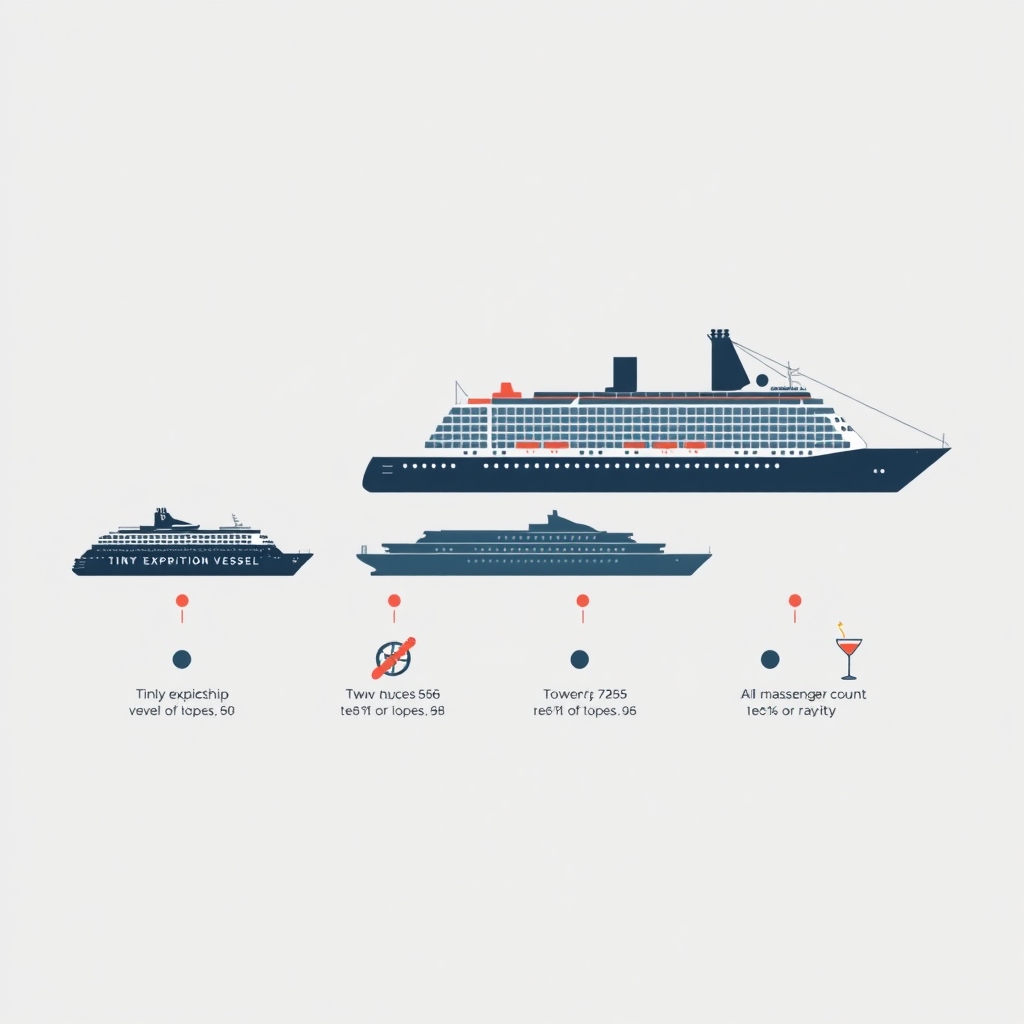 Five cruise ship silhouettes in ascending size order, each paired with an icon representing its onboard atmosphere and passenger range.