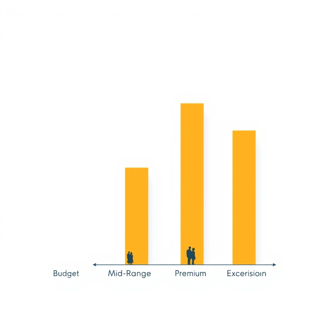 Stacked bar chart comparing total cruise costs across four budget tiers, with segments showing base fare, drinks, gratuities, and excursions.