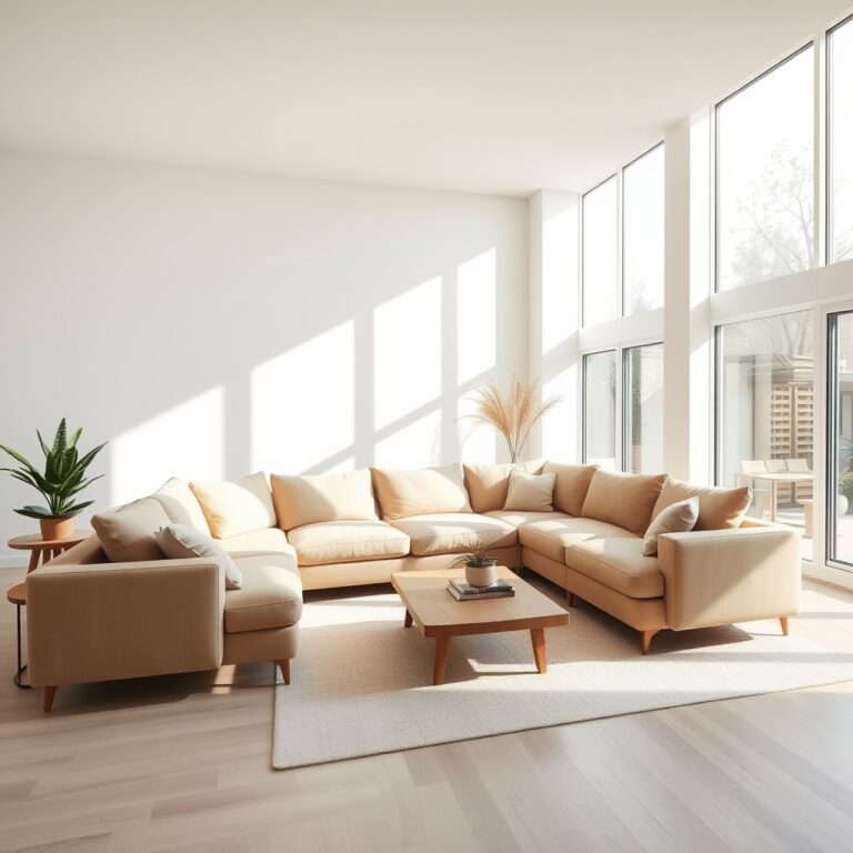 Modern L-shaped sectional sofa in a bright, minimalist living room with natural light and neutral tones