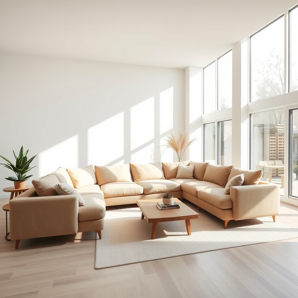 Modern L-shaped sectional sofa in a bright, minimalist living room with natural light and neutral tones