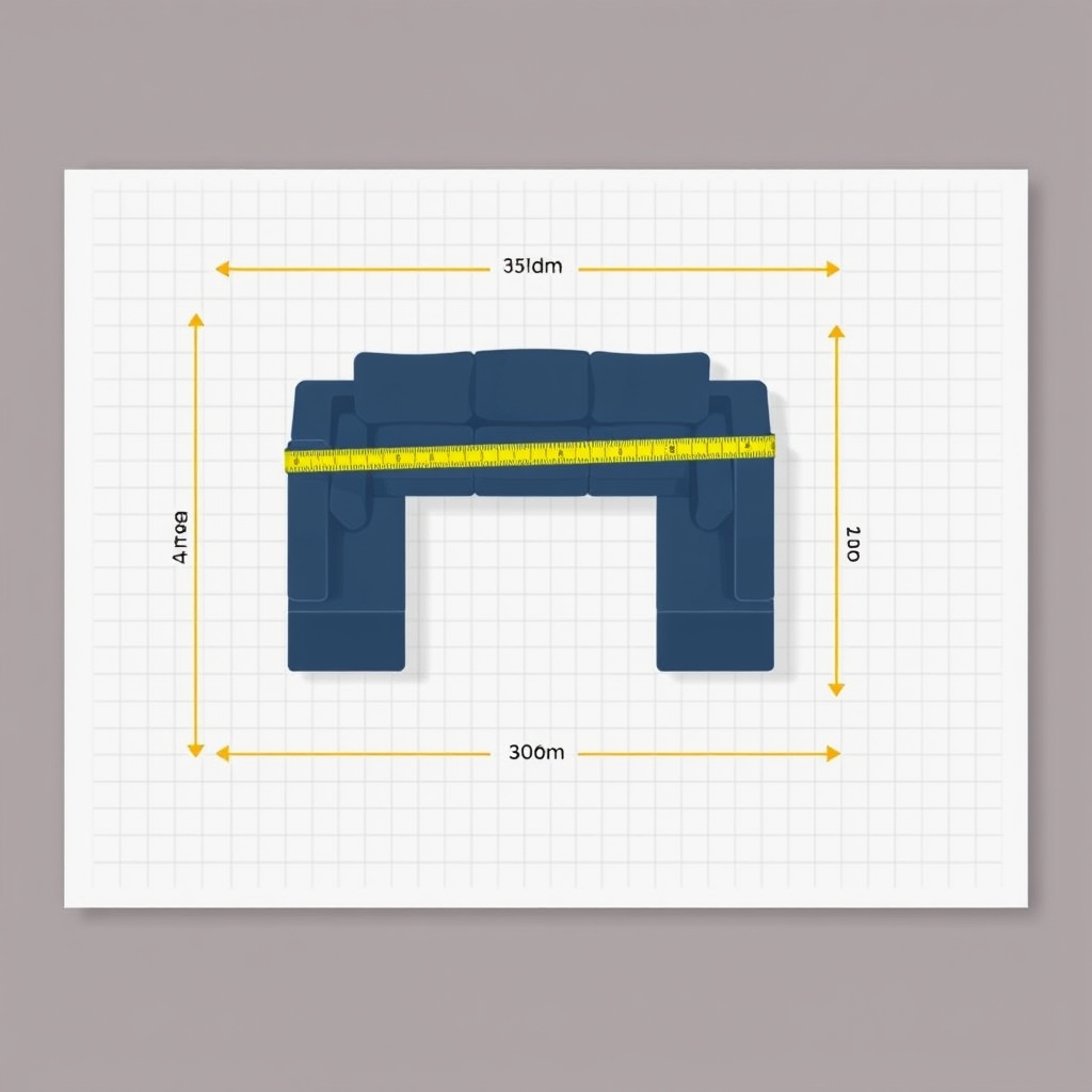 Top-down floor plan diagram of a living room with tape-measure annotations marking wall width, depth, and doorway clearance