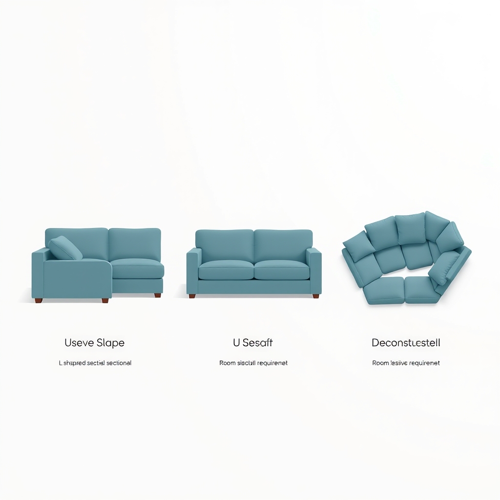 Side-by-side comparison illustrations of L-shaped, U-shaped, and modular sectional sofa configurations