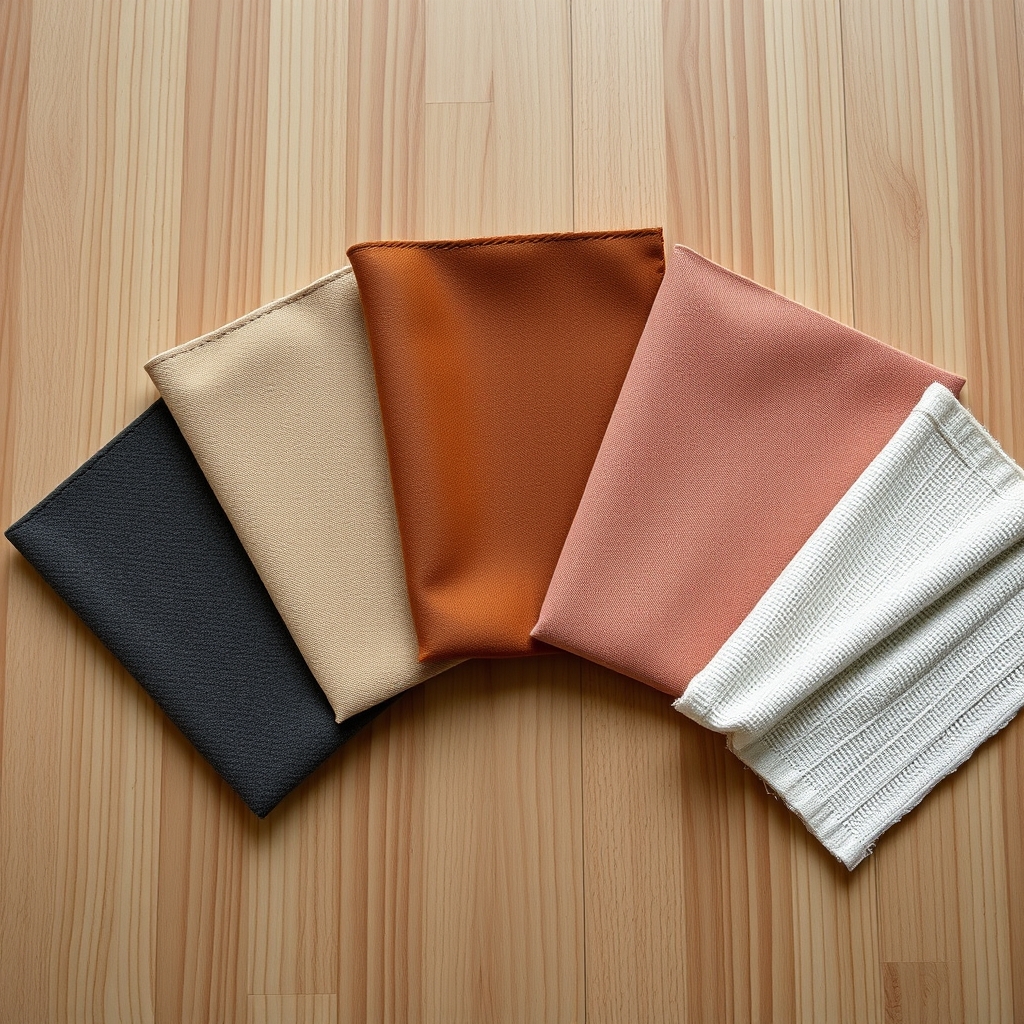 Six sectional fabric swatches arranged on a wood surface showing microfiber, polyester, linen blend, leather, velvet, and raw linen