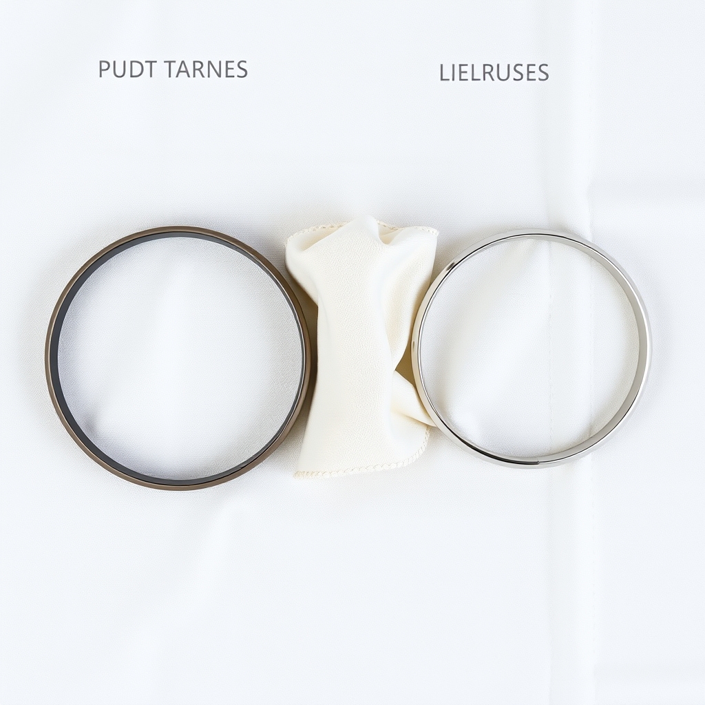 how to clean jewelry at home — Two silver bangles side by side showing heavy tarnish on the left and a polished bright finish on the right, with a polishing cloth between them.