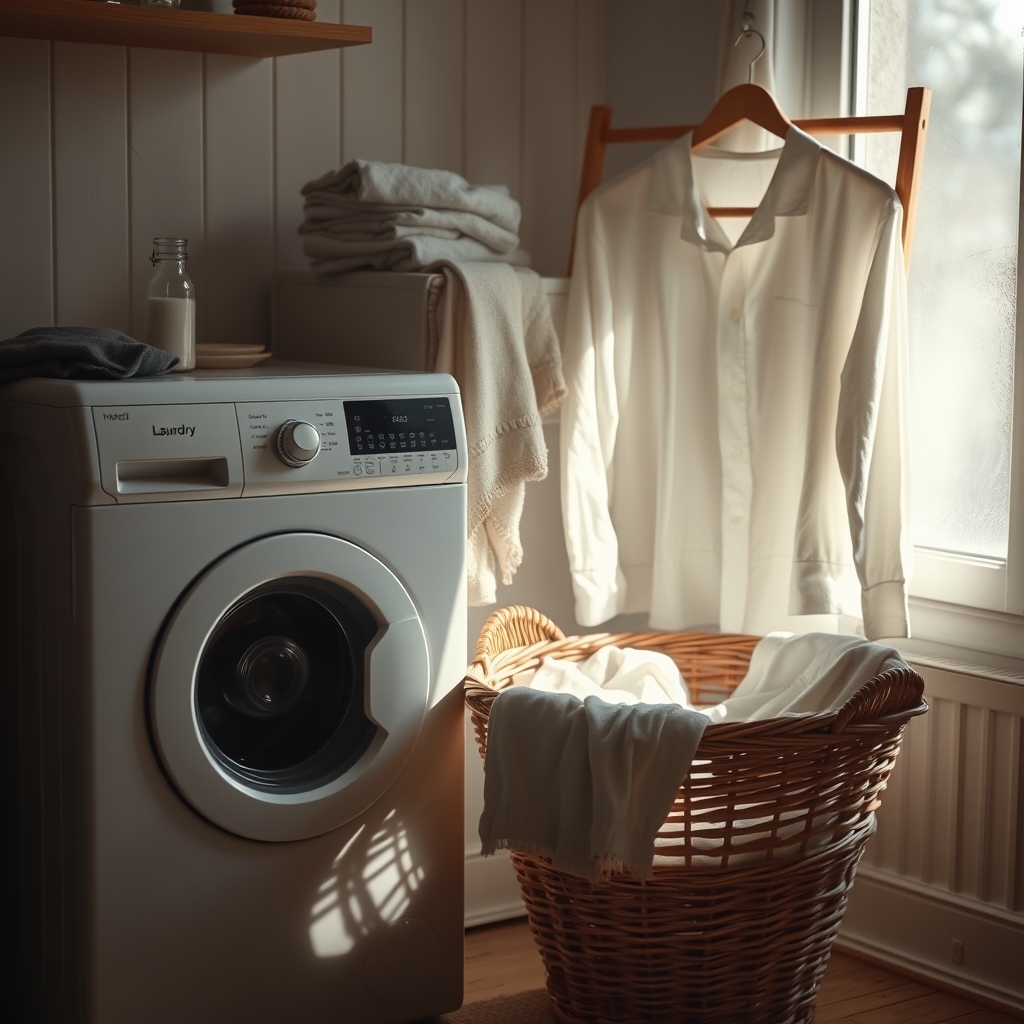 how to dress sustainably — Laundry scene with inside-out garments in a wicker basket beside a washing machine set to cold, and a wooden drying rack in the background.