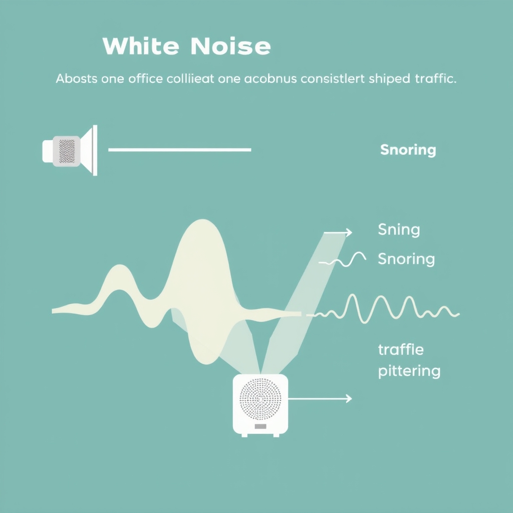 how to improve sleep quality — Vector diagram showing consistent white noise wave lines absorbing irregular traffic and snoring sound spikes on a decibel scale.